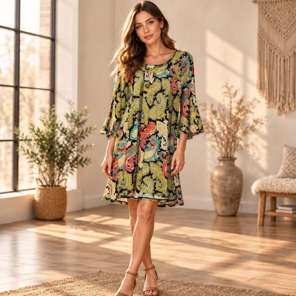 The Zig Zag Stripe Paisley Shift Dress 1060 H Black Multicolored